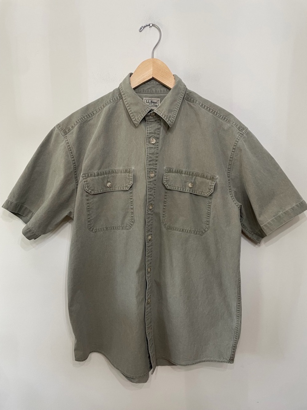 LL Bean Short Sleeve Flat Pocket Shirt Outdoors Utility Green Safari Men’s M